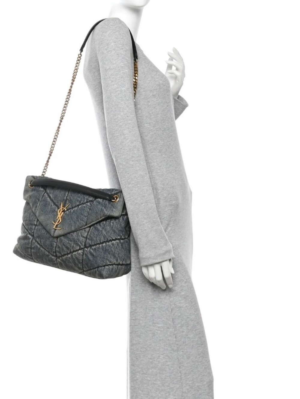 Designer Denim Toy Puffer Large Crossbody Light Blue Chain Bag w/gold Tone Rodeo